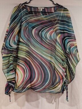 HALO Y2K Abstract Psychedelic Sheer Mesh Ruched Poncho Top L Flowy Eclectic